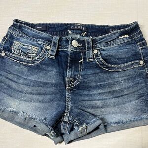 VIGOSS Heritage Fit Frayed Hem Embellished Denim Shorts Size 4 L 3" Thick Stitch